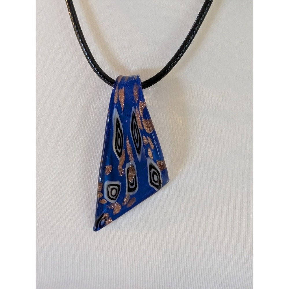 Murano Style Cobalt Blue Millefiori Glass Pendant Necklace Aventurine Foil